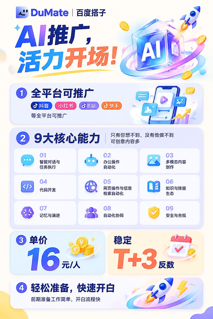 百度搭子 DuMate 核心能力：全平台可推、9 大核心能力、单价 16 元、T+3 稳定